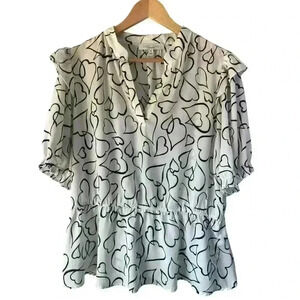 Sweet Rain Women's Heart Abstract Black White 3/4 Ruffle‎ Sleeve Blouse Size 2X